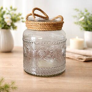 Embossed Rooster Glass Lantern Jar with Rope Handle – Farmhouse Decor
